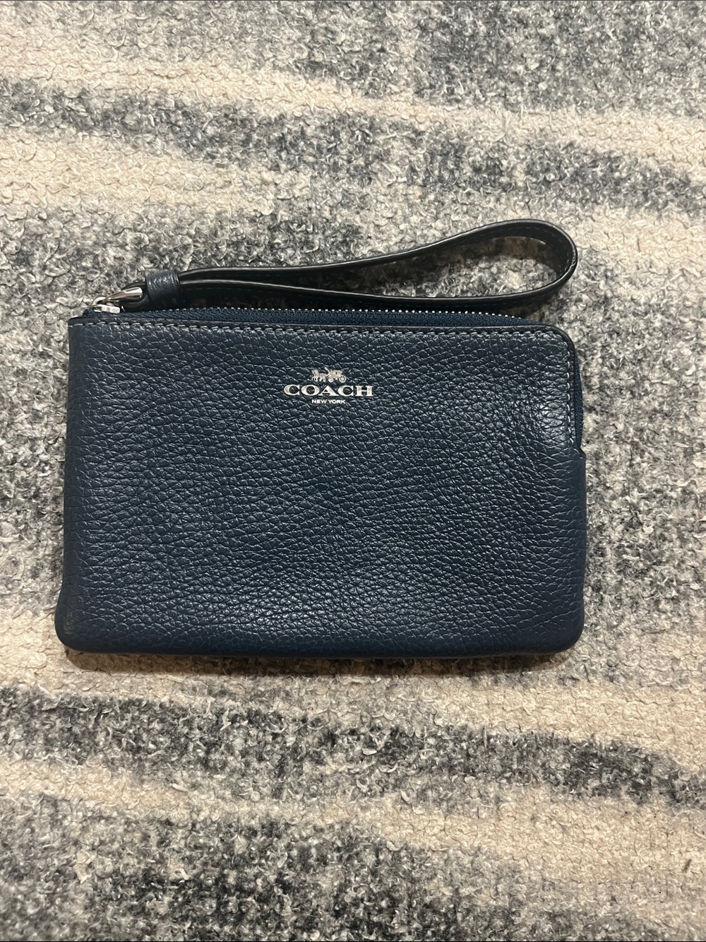 Coach Pebbled Leather Wristlet - Navy Blue with Silver Logo